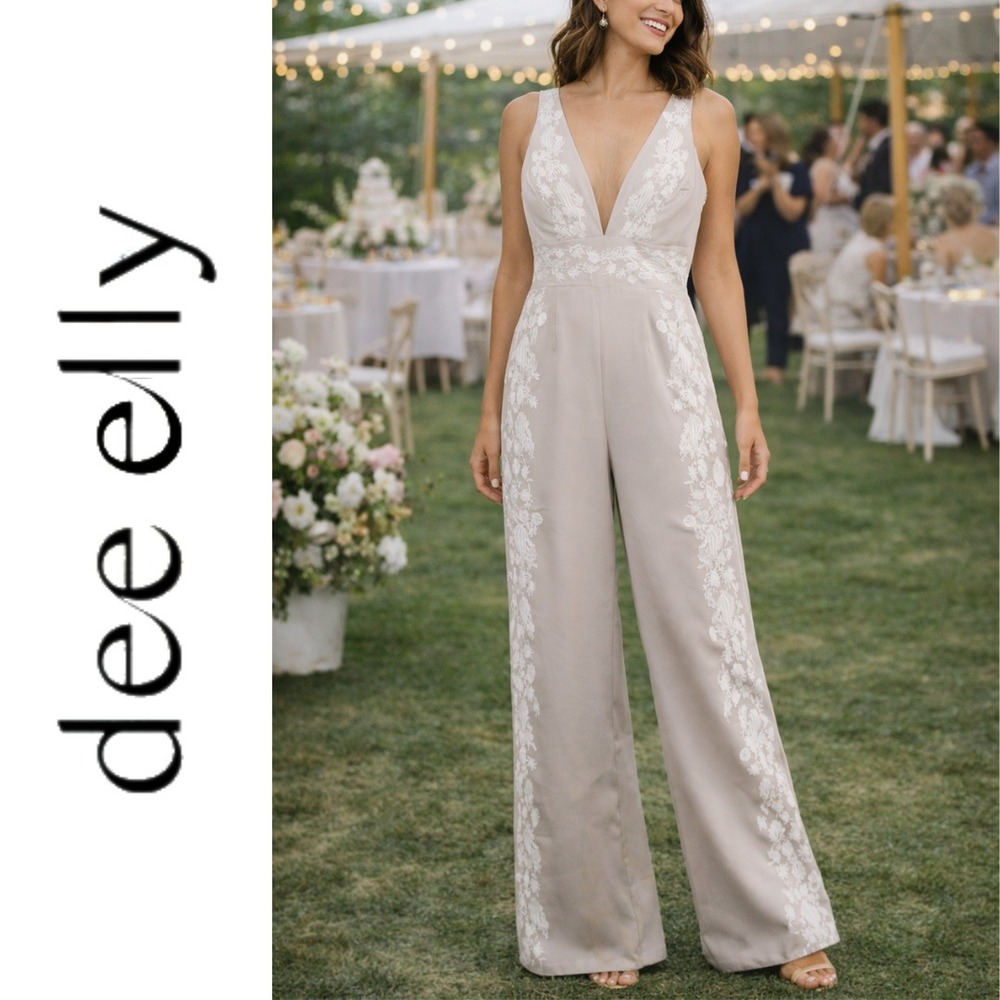 Dee Elly, Embroidered Lace V-Neck Wide Leg Jumpsuit Beige Size Medium